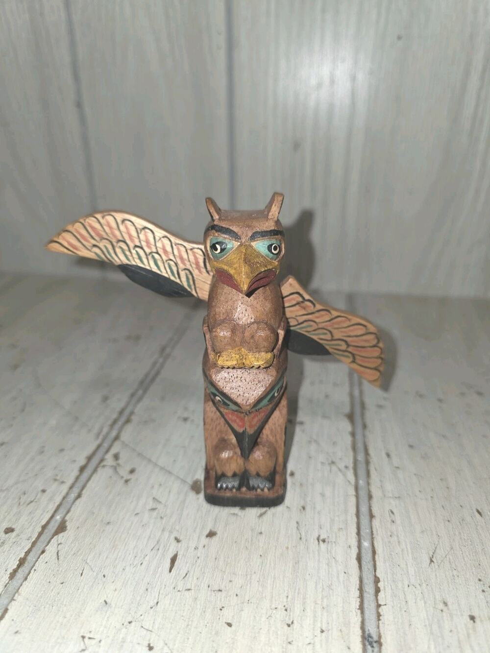 Vintage Alaskan Hand Carved Cedar Totem Pole 4" Thunderbird Raven (Eagle)